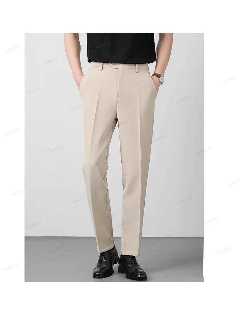 Spring Summer Suit Pants Men Business Smooth Slim Business Office Social Elastic Waist Ankle Length Formal Korean Trousers Male