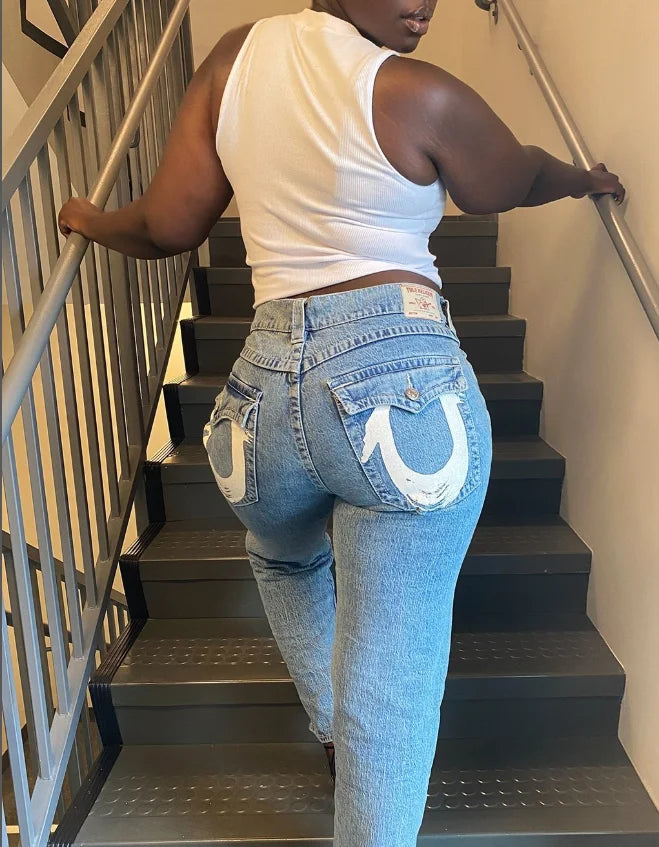 New High Waist 2025 American Retro Plant Flower Print Ladies Commuter Wide-leg Jeans Youthful and Beautiful Out of The Street