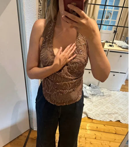Sexy Deep V Neck Beach Tank Tops Women y2k Coquette Summer Sequins Patchwork Sleeveless Vest Vacation Backless Beach Tops