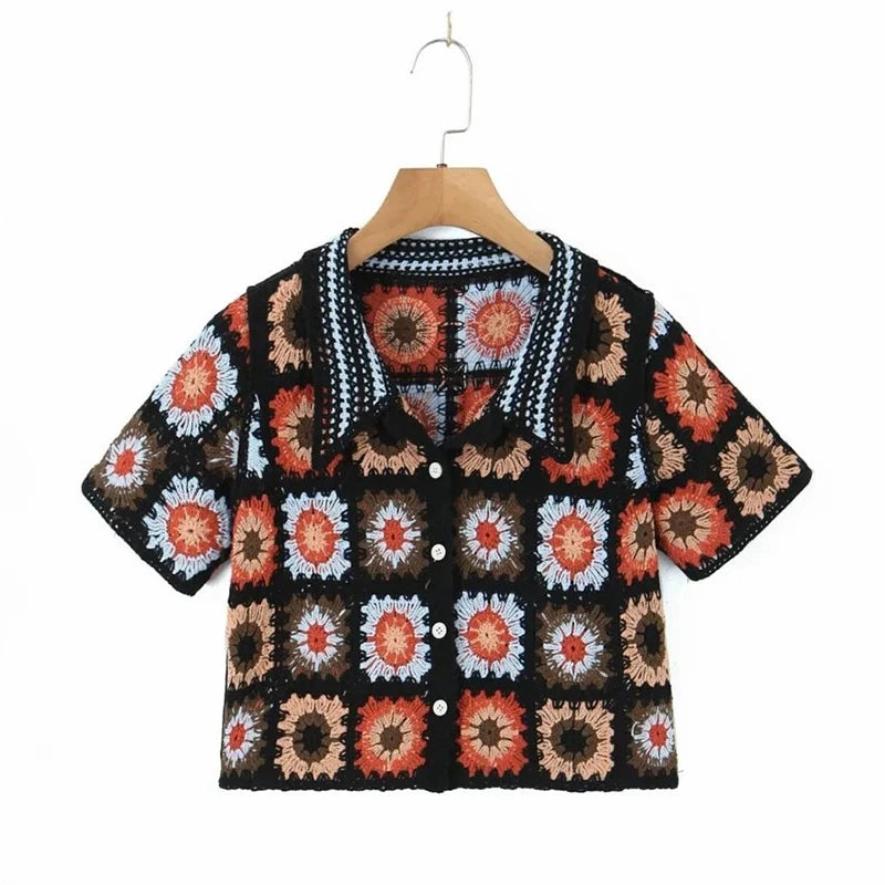 Granny Square Crochet Top Short Sleeve Collared Sheer Open-knit Button-up Crop Blouse Women Teengirl Boho Vacation Summer Outfit