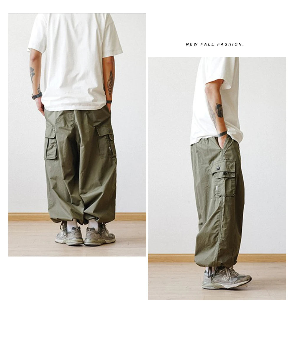 Multi-Pocket Cargo Pants Men's Casual Solid Straight Baggy Wide-leg Cropped Trousers Men Ankle-length Jogger Pants Harem Pants