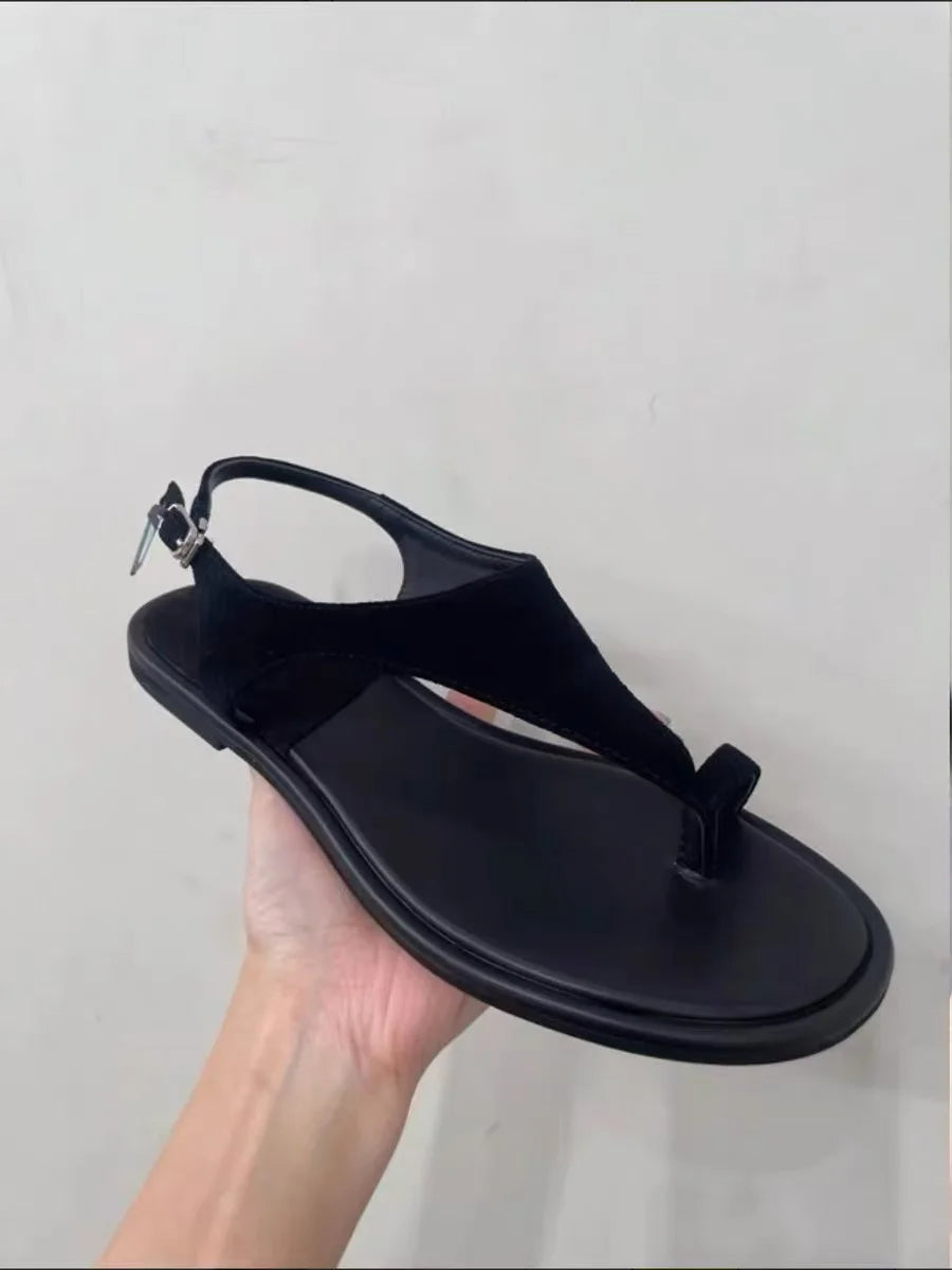 Retro Scrub Leather Sandals Women 2025 New Summer Outside Wear with Skirt Flat Toe Casual Roman Slippers