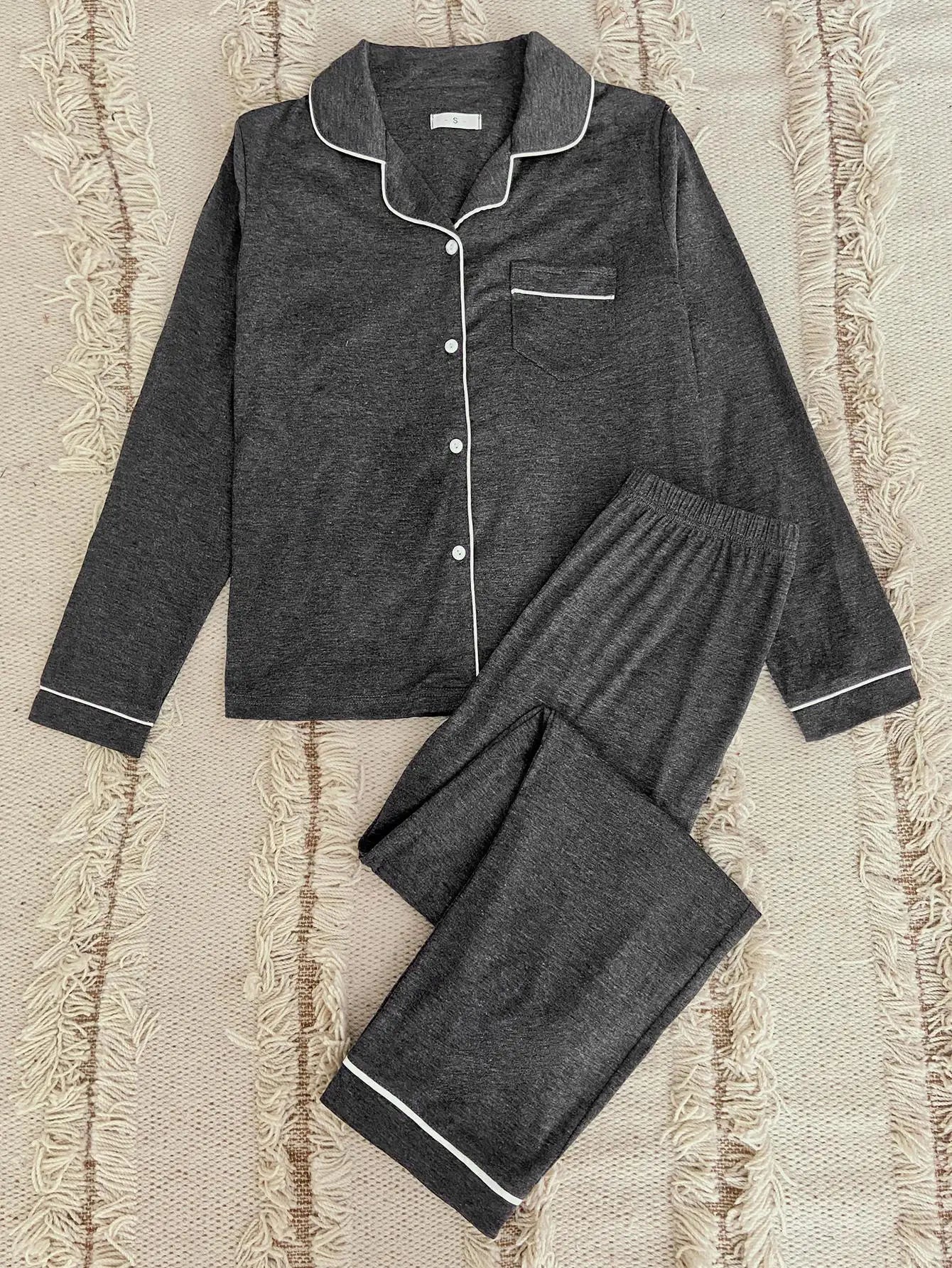 Autumn Pajamas Set Women's Long Sleeves Solid Gray Sleepwear Soft Button Down Loungewear Pjs Set Nightwear S-XL With Pocket
