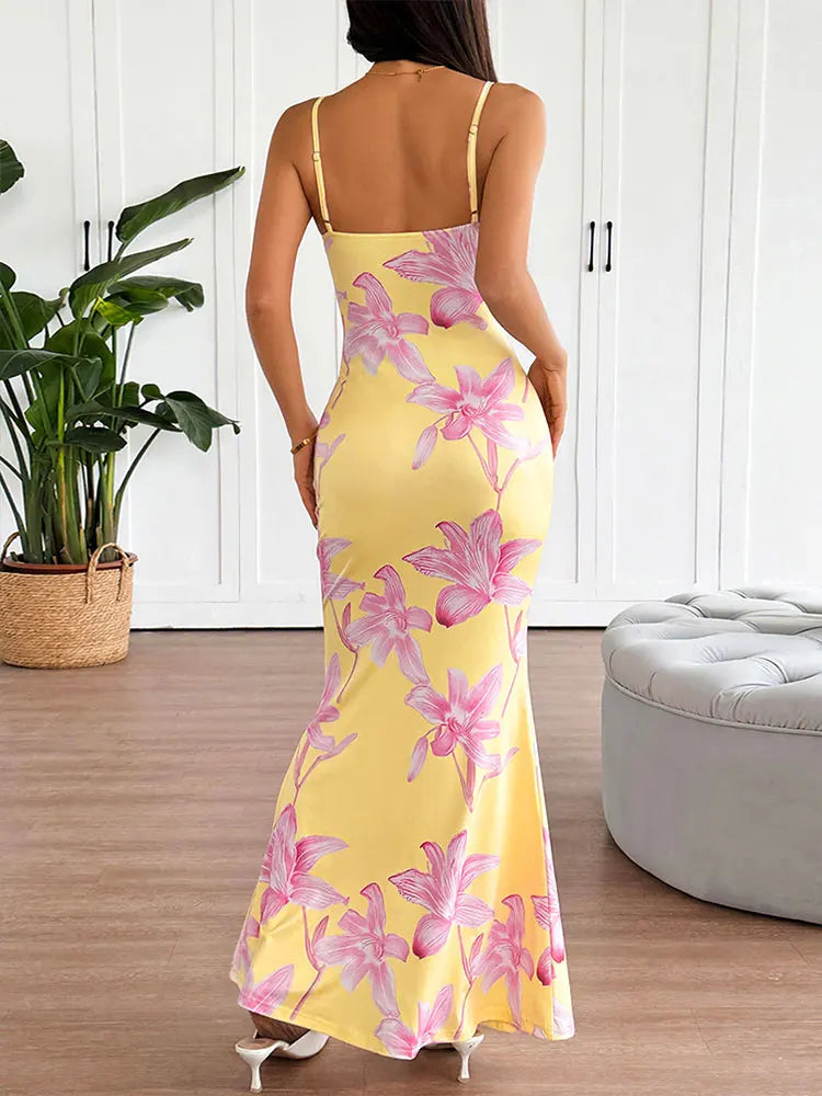 Women Sling Maxi Dresses Summer New Streetwear Fashion Print Casual Slim Dress Sexy Backless V-Neck Elegant Lady Dress Clothing