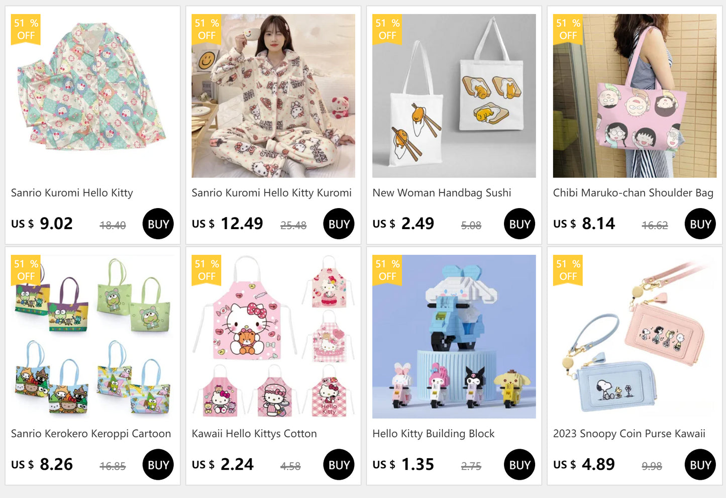 Sanrio Kuromi Hello Kitty Melody Pajamas for Women Kawaii Cartoon Loose Sleepwear Pajamas Sets Short Clothes Christmas Gift