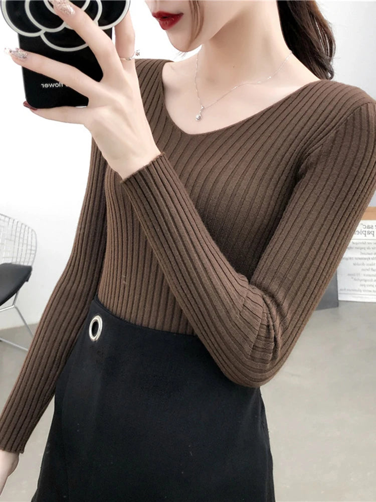 2025 V Neck Women Autumn Winter Sweaters Slim Knitted Pullovers Soft Warm Solid Jumper Female Sweater Casual Knitwear Jersey Top