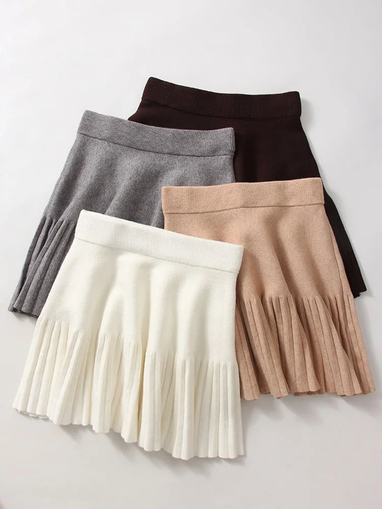 Knitted Pleated School Skirt Women Spring Winter Sexy A-line Women's Skirt Solid Casual High Waist Short Skirts For Woman Black