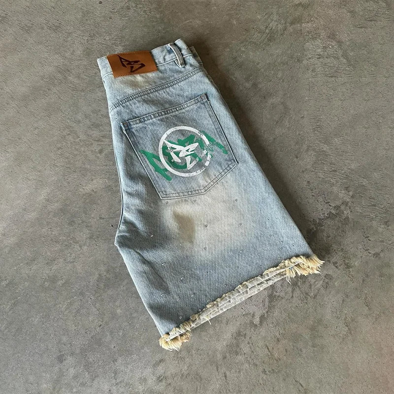 American Fashion Trend Letter Printing Splicing Patches Denim Shorts Y2K Gothic Hip Hop Men Women Punk Vintage Wide Leg Pants