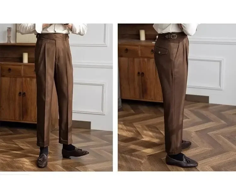 High-waisted Casual Straight-leg Suit Pants For Men Autumn Vintage Draped Waist Trousers Naples Retro Style Business Formal Wear