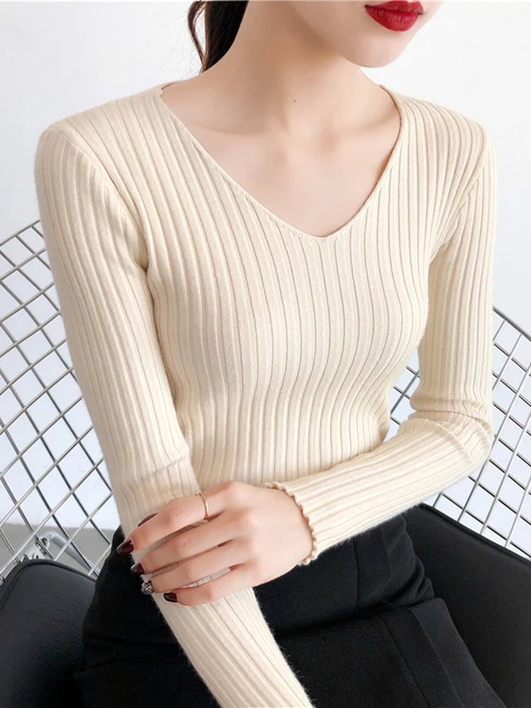 2025 V Neck Women Autumn Winter Sweaters Slim Knitted Pullovers Soft Warm Solid Jumper Female Sweater Casual Knitwear Jersey Top