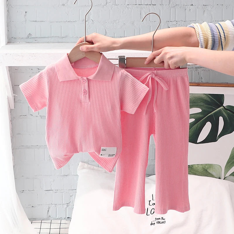 Summer Girls T-Shirt Set Short Sleeve Lapel Pullover Tops Elastic Waist Straight Pants Girl Casual Clothes 2Pcs Suits