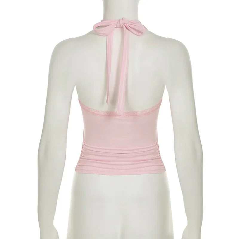 Pink Floral Embroidery Bow Lace Trim Halter Top Pink Vacation Cute Fashion Y2k Crop Tops for Woman Summer 2025