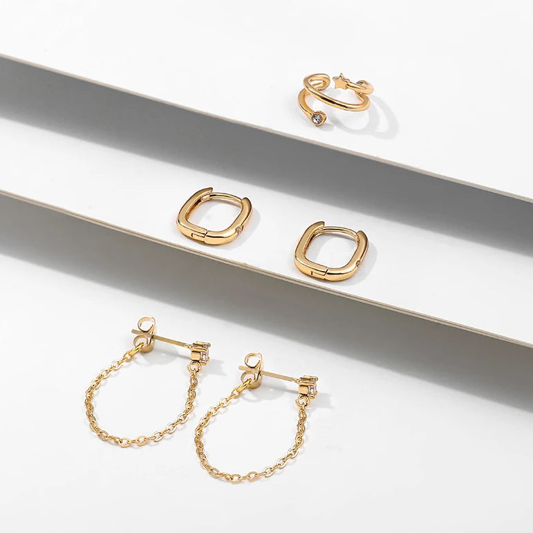 Punk Rock Helix Fake Cartilage Ear Cuff with Long Chain Circle Hoop Earrings Set for Women Tiny Piercing Huggie Earring Jewelry