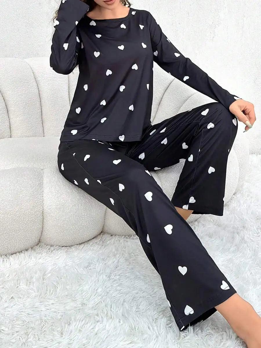 Women's Pajamas Casual Love Print Round Neck Long Sleeve Long Pants Fall and Winter Comfortable Set Girl Sleepwear Homewear