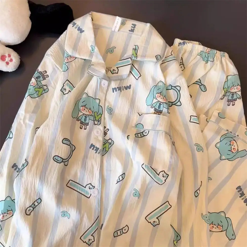 Hatsune Miku Cartoon Anime Thin Cotton Pajamas Two-piece Set Cute Spring and Autumn Student Home Wear Long-sleeved Trousers