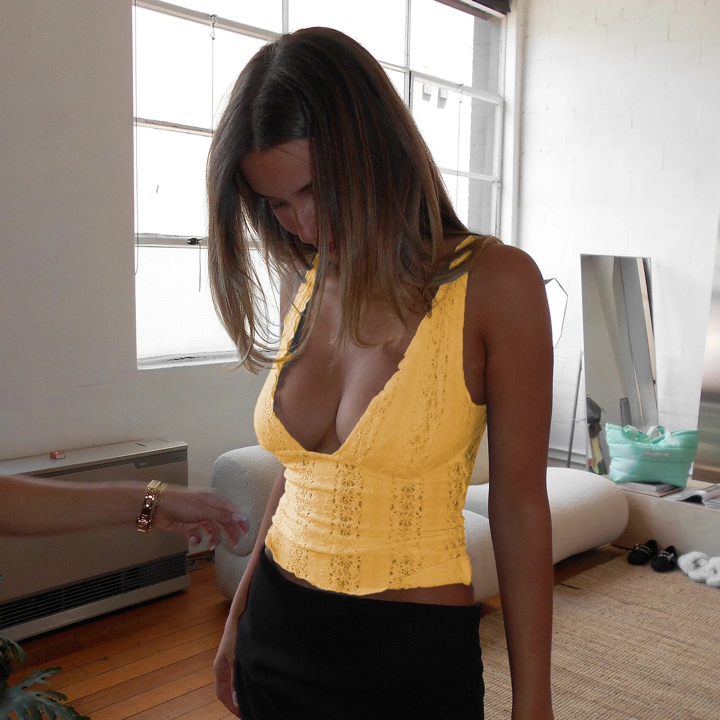 CUTENOVA Deep V-Neck Pullover Vest For Women Hollowed Out Lace Waist Waistless Top T-Shirt Spring And Summer New 2025 Streetwear