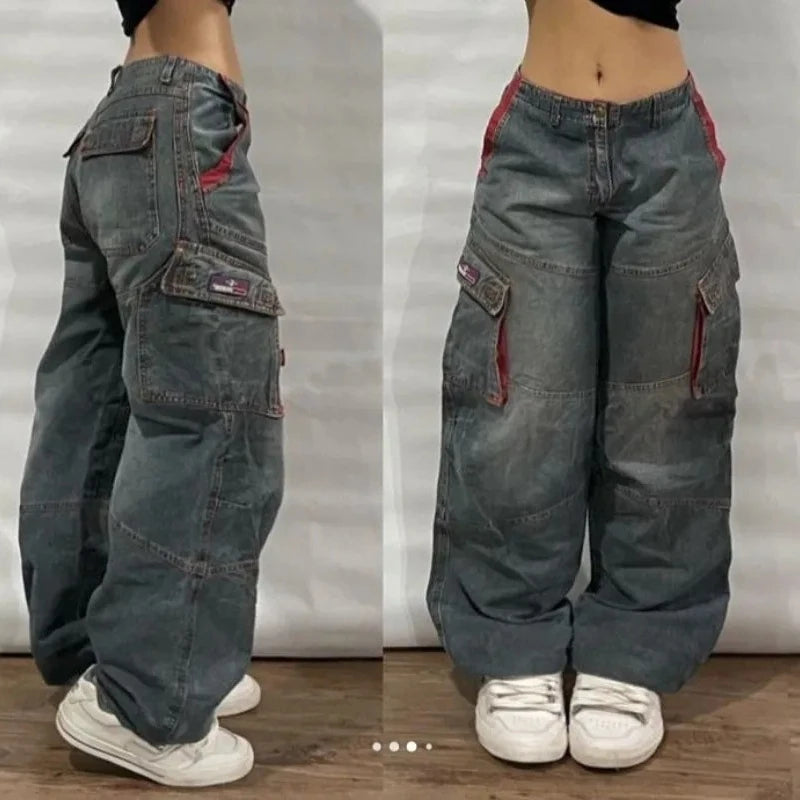 Y2K Fashion Baggy Jeans Denim Cargo Pants Womens Vintage Multi Pocket High Waist New Harajuku Gothic Wide Trouser Streetwear
