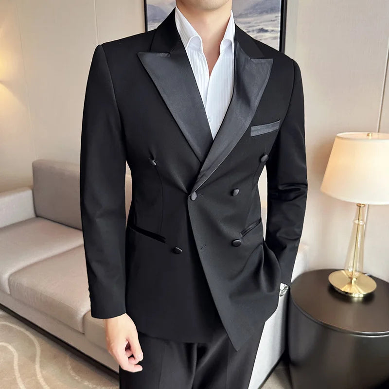 ( Jacket + Vest + Pants ) High-end Brand Boutique Fashion Men's Casual Business Black Smoking Suit Groom Wedding Dress Tuxedo