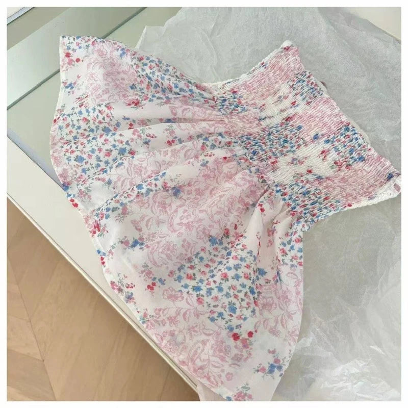 Summer New Sexy Spice French Elegant Ladies Top Lace Patchwork Halter Vest Floral Skirt Design Hollowed-Out Strapless Tops