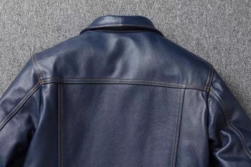 New Navy Blue Top Layer Cowhide Genuine Leather Jacket Men's Short Slim Fit Retro Motorcycle Lapel Casual Jacket Trendy