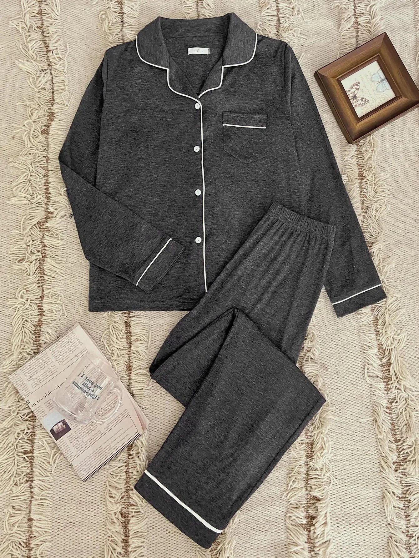 Autumn Pajamas Set Women's Long Sleeves Solid Gray Sleepwear Soft Button Down Loungewear Pjs Set Nightwear S-XL With Pocket