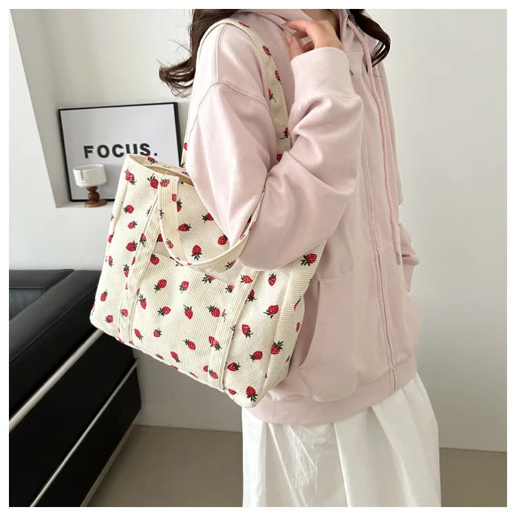 Corduroy Handbag Strawberries Beach Bag Fashionable Versatile Shoulder Bag LargeCapacity Simple Commuter Women's Tote Bag Bolsos