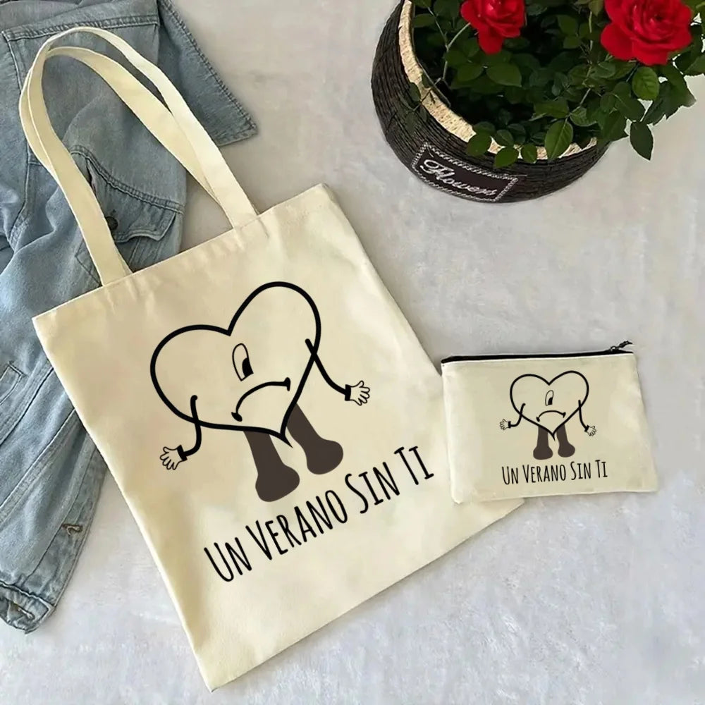 Un Verano Sin Ti Gift Bag Set, Bad Bunny Print Tote Bag, Casual Canvas Shoulder Bag with Mini Storage Bag