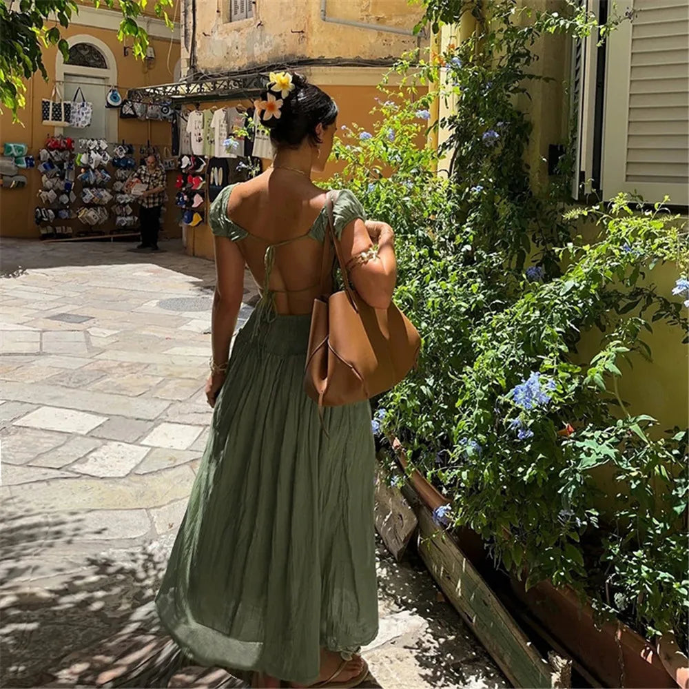 RLMABABY Fashion Casual Holiday Backless Maxi Bodycon Dress Women Summer Square Collar Short Sleeve Hottie Girl Sexy Long Dress