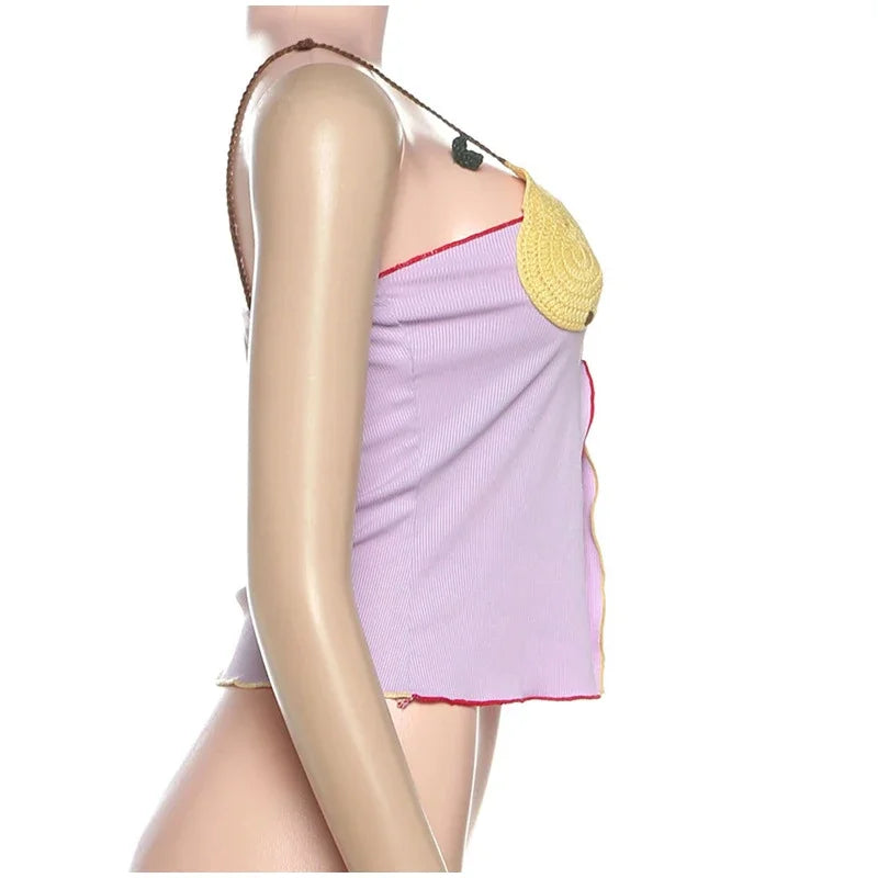 Rib Embroidery Split Tank Top Women Sleeveless Backless Slim Contrast Color Strap Party Vest Summer 2025 Fashion Lady Tops