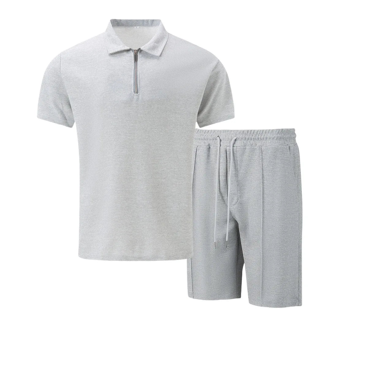 2025 Men Europe and the United States new summer Waffle solid color zip-up lapel short-sleeve suit shorts two sets
