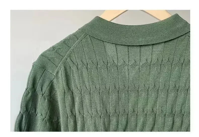 Summer New Light Maturity Knitted Polo Shirt Men's Korean Style Slim Fit Collar Pure Color Casual T-Shirt Cross-Border