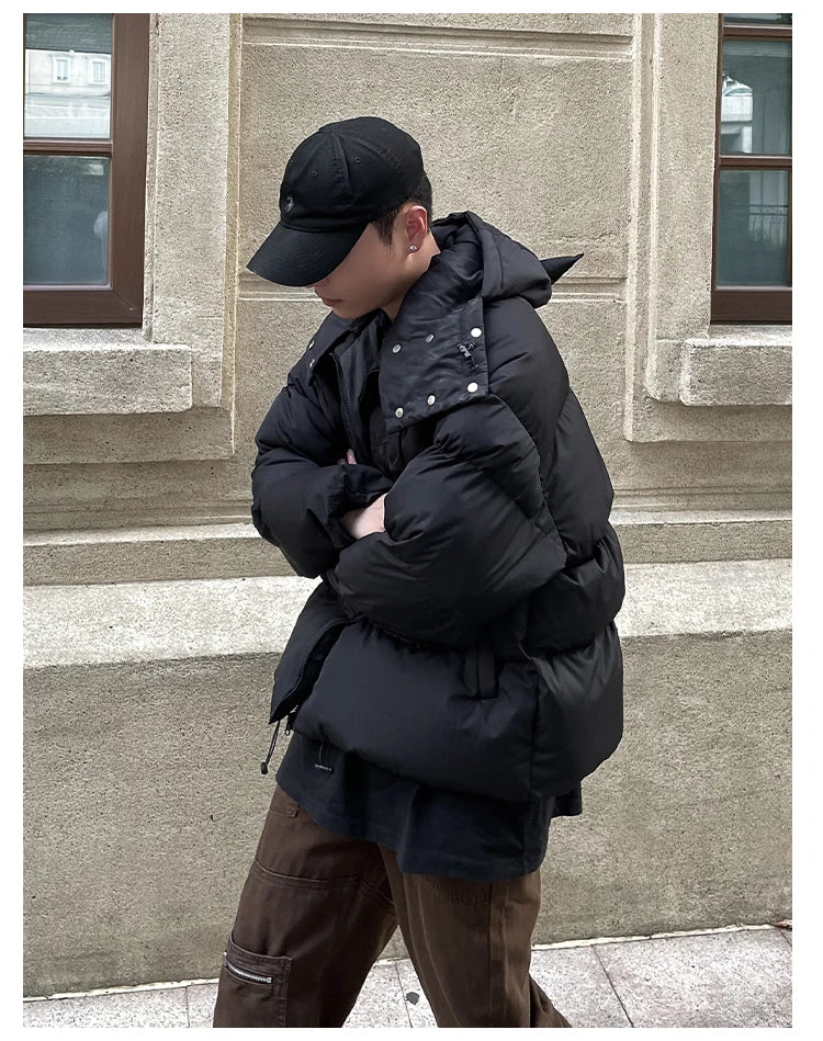 Cotton-Padded Hip Hop Parkas Men Devil Horns Winter Hooded Down Jacket Retro Y2K Thicken Puffer High Street Loose Bubbles Coats
