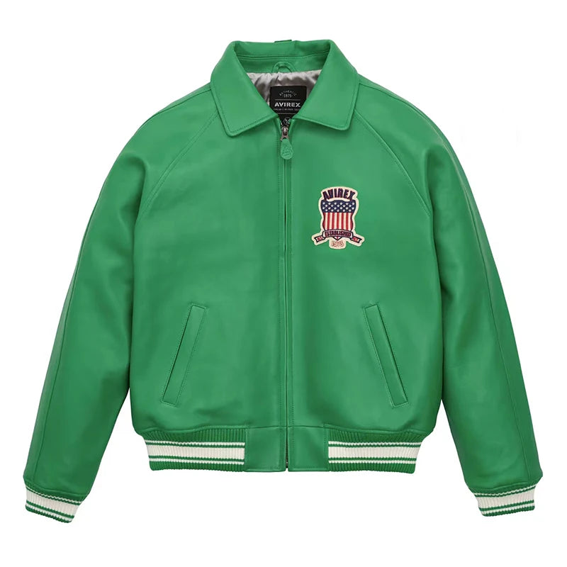 Men's Genuine Leather Varsity Jacket Us plus size Thick European lambskin High Quality Embroidery Avirex Brand