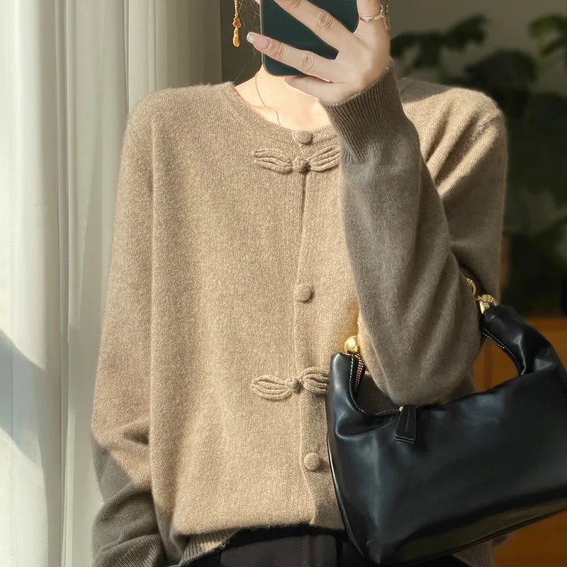 Women New Fashion Autumn Winter 100% Merino Wool Sweater O-neck Chinese Style Buckle Cardigan Soft Knitwear Female Clothing Tops