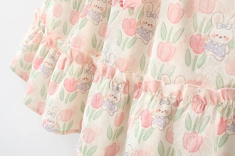 Summer Hardwear Girl Dress Tulip Cartoon Rabbit Print Small Flying Sleeves Flower Neck Bow Ribbon Tulip Flower Pattern