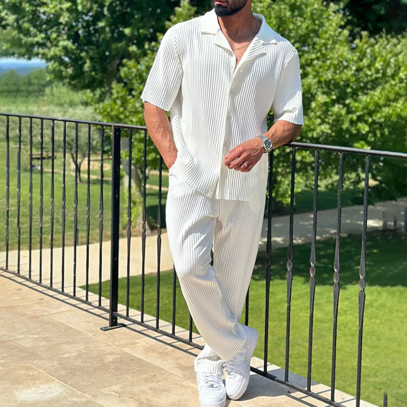 Summer Fashion Casual Loose Men's Button Open Shirt Short Sleeve Pants Set Home Vacation Thin Breathable Quick Drying 2-pie Set