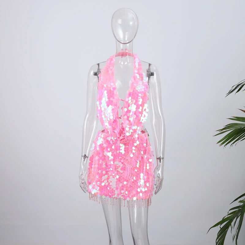 Sexy Sequined Halter Skirt Set Women Sleeveless Lace Up Tops Hip Package A-line Skirts 2025 Summer Lady Chic Party Beach Outfits