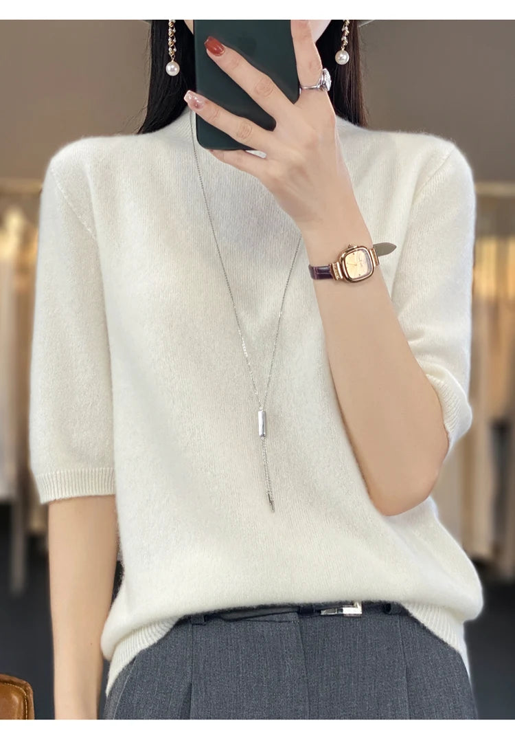 100% pure wool short sleeve summer new women's semi-high neck pullover blouse loose knit vest fashion T-shirt