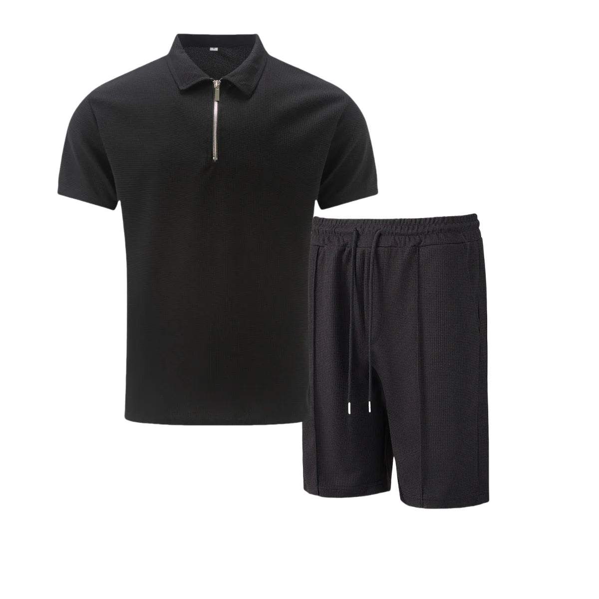 2025 Men Europe and the United States new summer Waffle solid color zip-up lapel short-sleeve suit shorts two sets