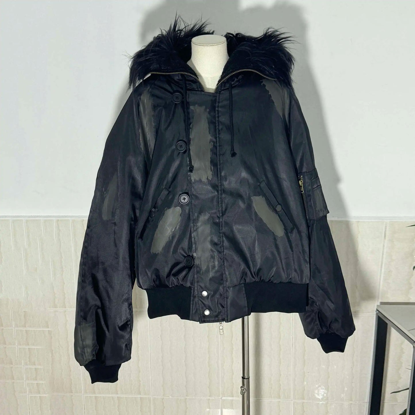 PFNW Winter New Oversized Black Cotton-padded Coat Men's Trend Tie-dye Print Fur Collar Zipper Hooded Quilted Padded Jackets