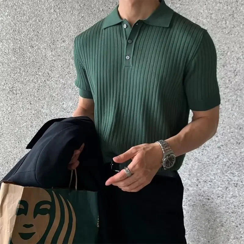 Summer New Light Maturity Knitted Polo Shirt Men's Korean Style Slim Fit Collar Pure Color Casual T-Shirt Cross-Border