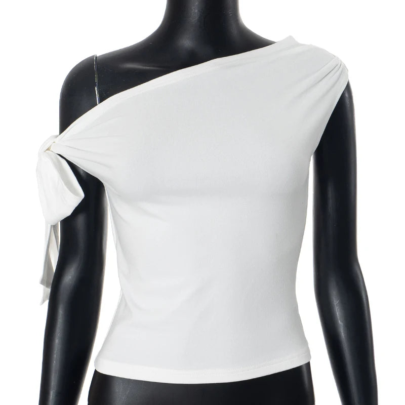 CUTENOVA 2024 Women'S Summer Ins Style New Shrink Pleated One-Shoulder Crop Top Backless Twist Tie Asymmetric T-Shirt Casual Top