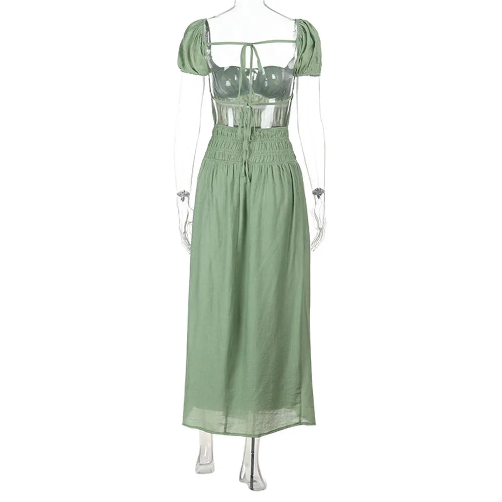 RLMABABY Fashion Casual Holiday Backless Maxi Bodycon Dress Women Summer Square Collar Short Sleeve Hottie Girl Sexy Long Dress