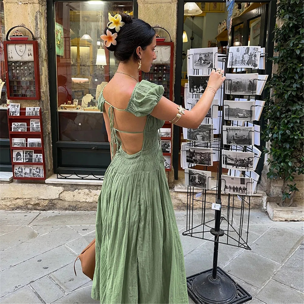 RLMABABY Fashion Casual Holiday Backless Maxi Bodycon Dress Women Summer Square Collar Short Sleeve Hottie Girl Sexy Long Dress