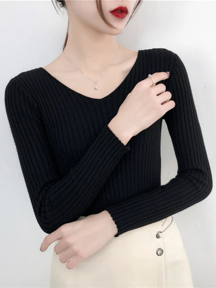 2025 V Neck Women Autumn Winter Sweaters Slim Knitted Pullovers Soft Warm Solid Jumper Female Sweater Casual Knitwear Jersey Top