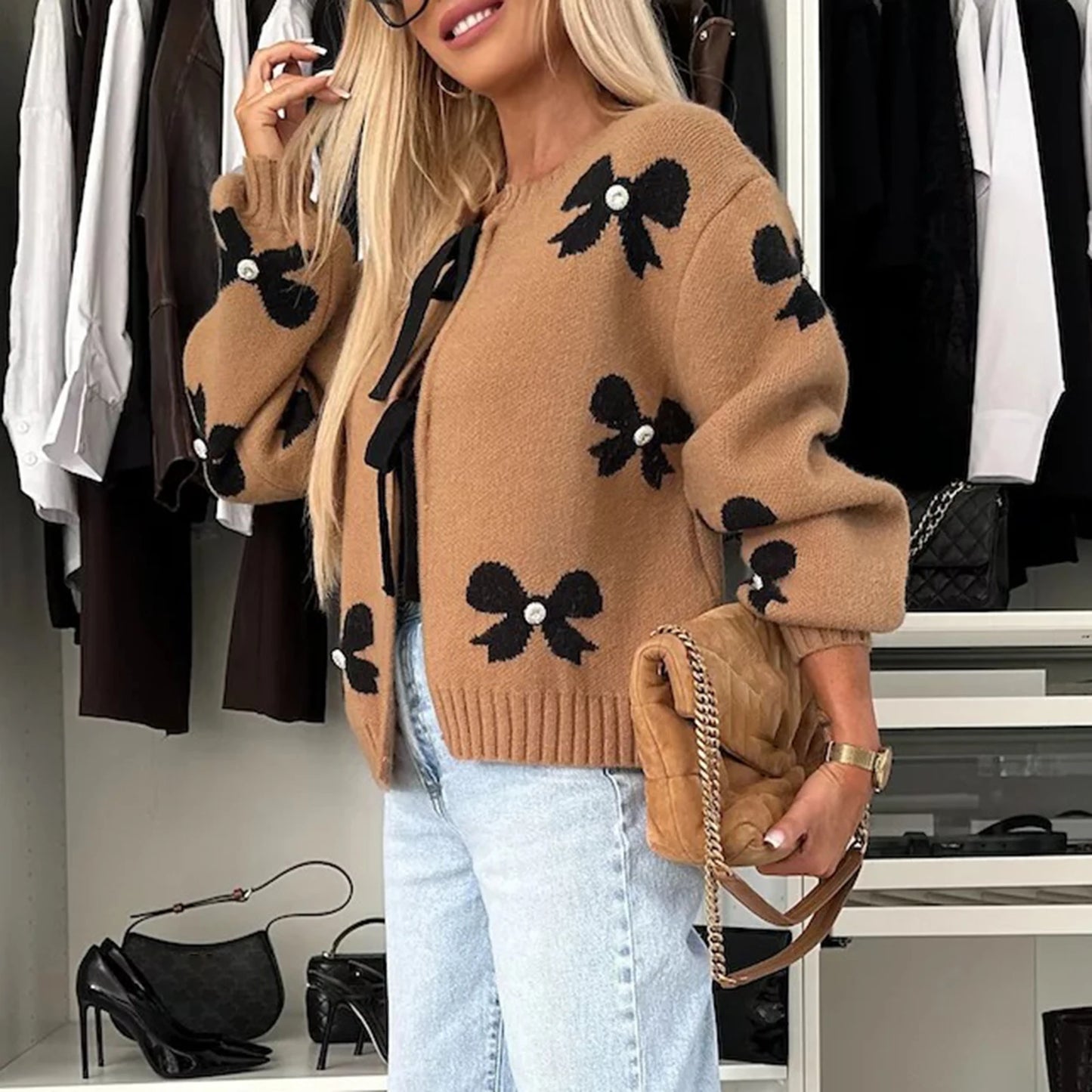 Combhasaki Women's Autumn Y2K Elegant Sweater Cardigan Lantern Long Sleeve Bow Print Pearl Decor Tied Split Front Knitwear Tops