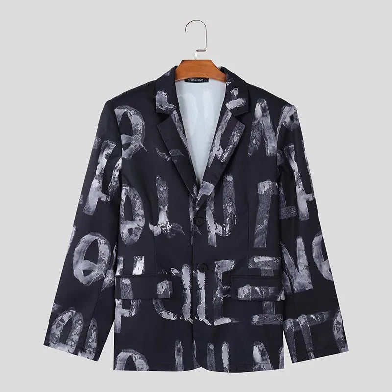 Fashion Casual Style Tops INCERUN Handsome Men's Art Hand-painted Letter Suit Coat Streetwear Male All-match Long Sleeved Blazer