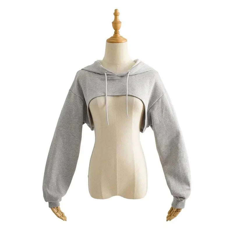 YPFF Spring New Style European Cropped Sports Drawstring Hooded Sweatshirt Women's Solid Color Versatile Long Sleeve Hooded Top
