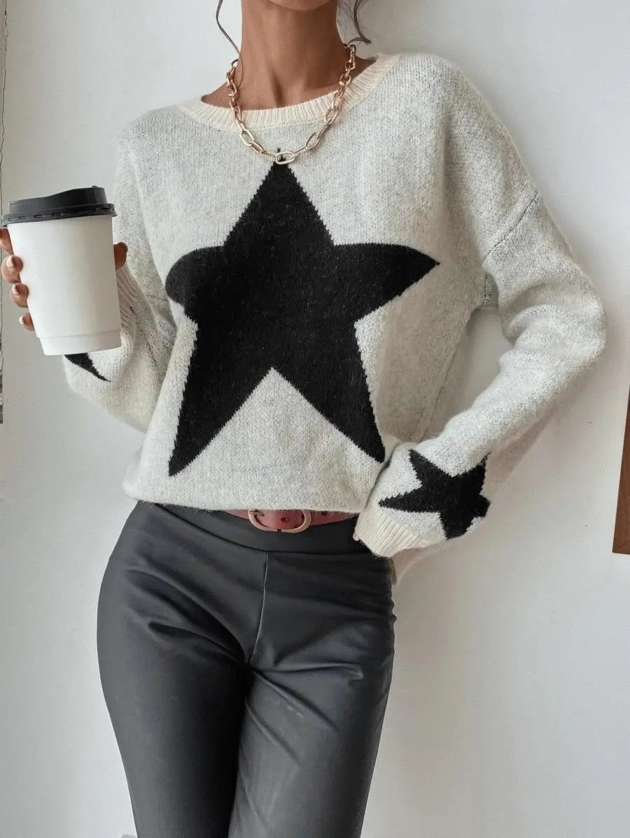 Star Sweater Pullover Women Autumn Spring Simple Knit Elastic Pullovers Jumper Casual Thick Warm Black White Basic Jumpers