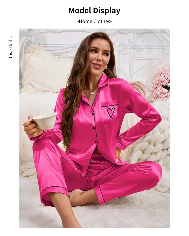 Women's Home Clothes Satin Pajama Autumn Long Sleeve Pocket Heart-shaped Embroidery Tops & Pants Pyjama Femme Loungewear Pj Set